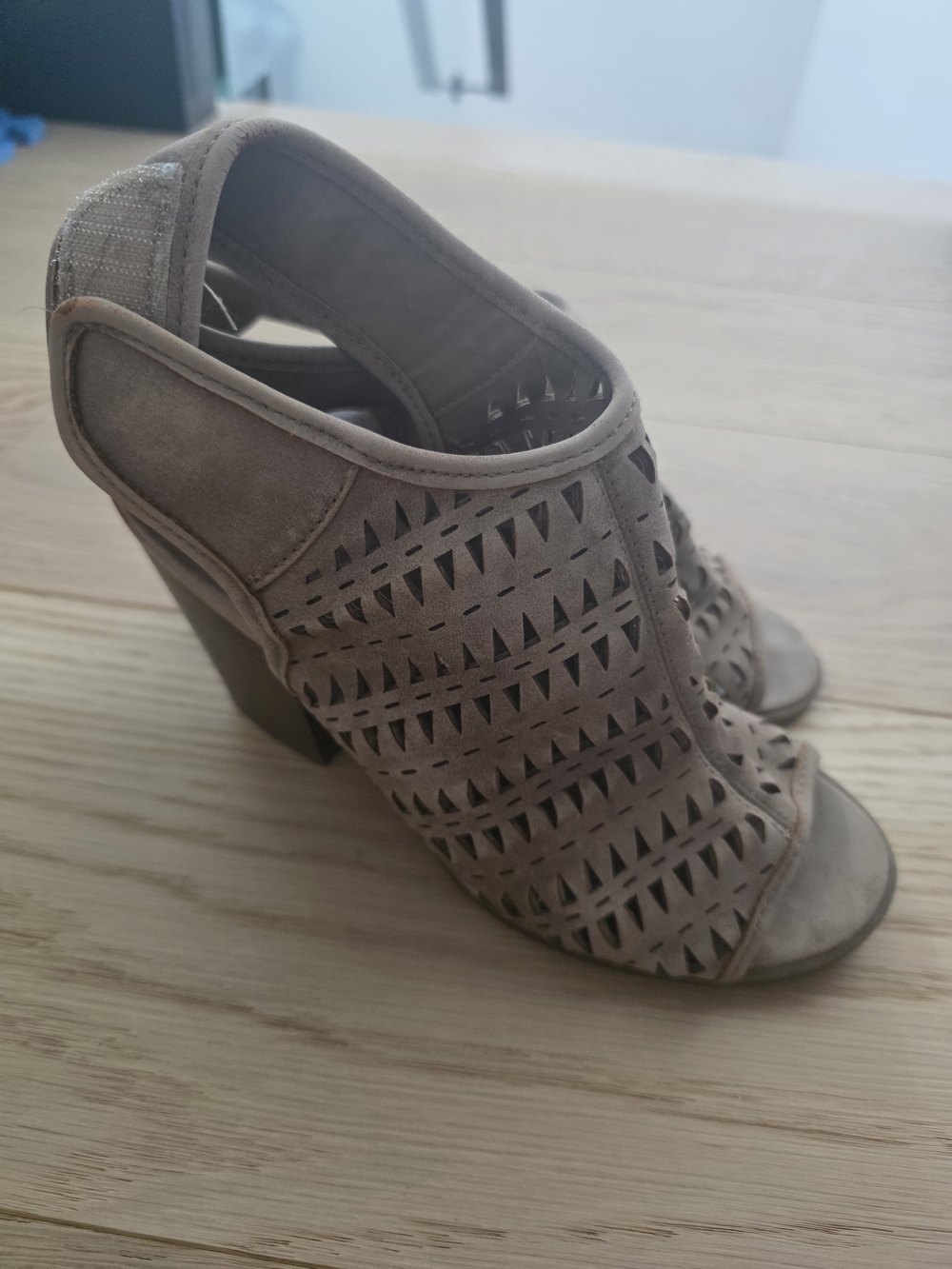 Indigo Taupe Laser-Cut Peep Toe Block Heels